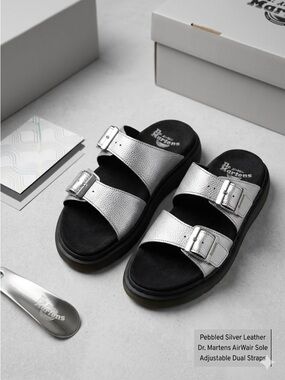 Dr. Martens Myles Silver Metallic Pebble Leather Slide Sandals - NWT - Size 8